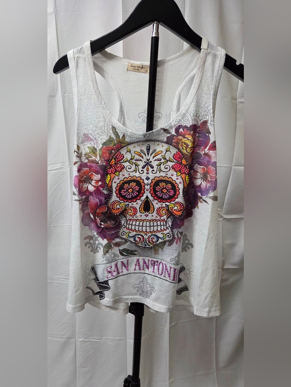 Sweet Gisele San Antonio Sugar Skull Rhinestone Racerback Tank Size S